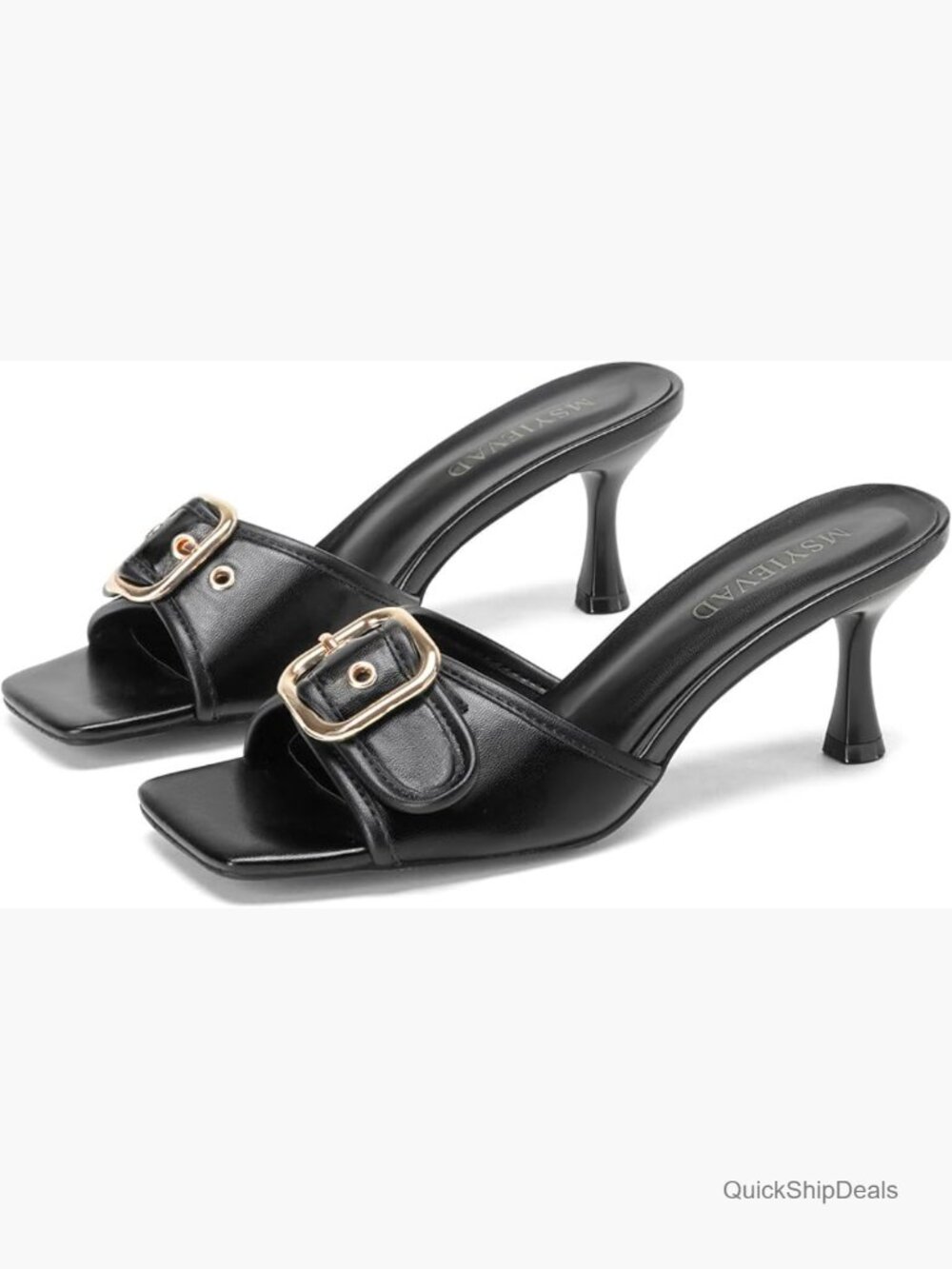 Faux Leather Square Toe Kitten Heel Mules, Slip On Sandals for Office Party